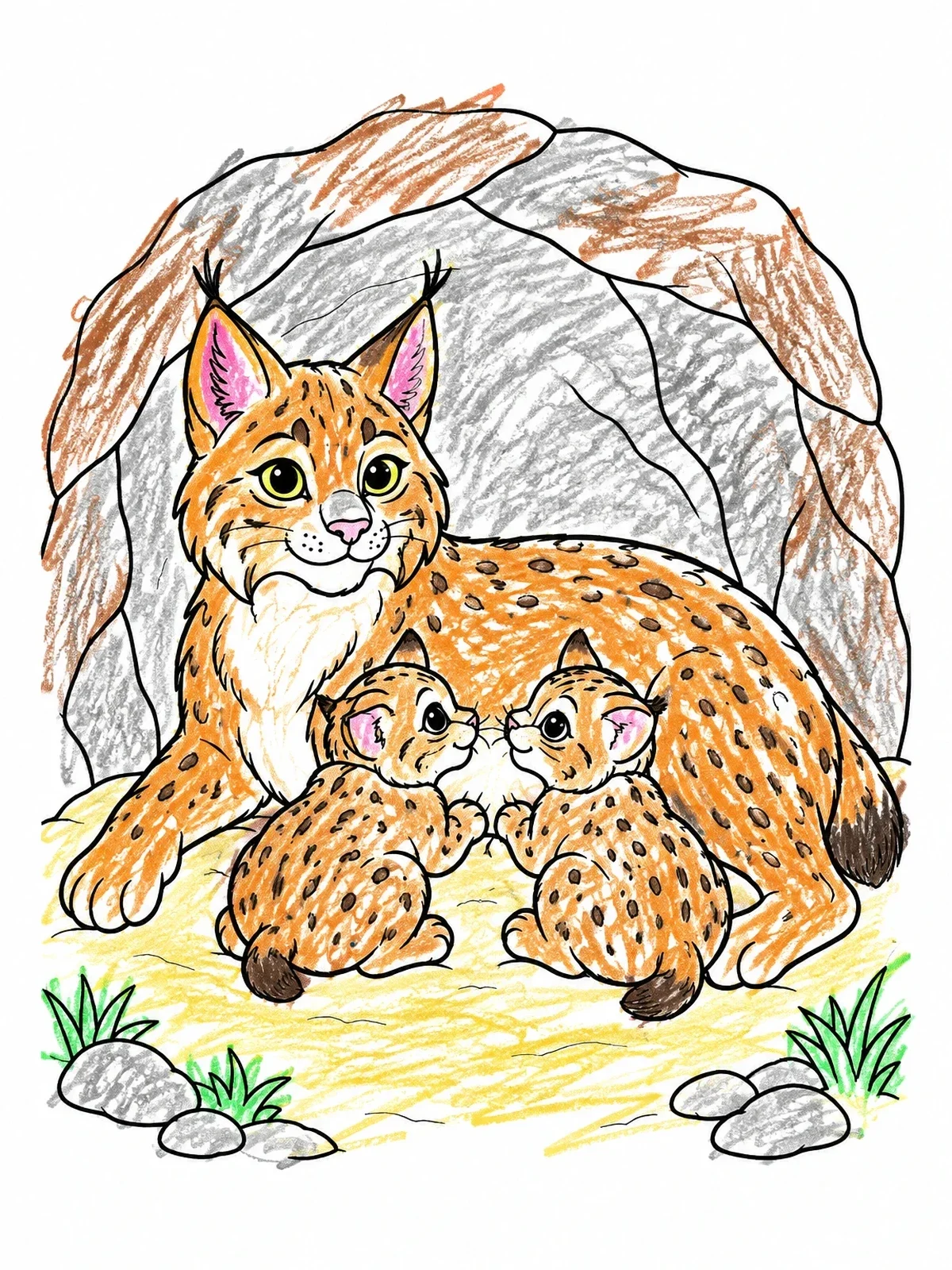 Colored example of the Mother Lynx With Two Kittens In Den coloring page