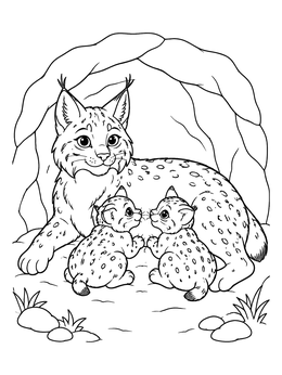 Free printable Mother Lynx With Two Kittens In Den coloring page