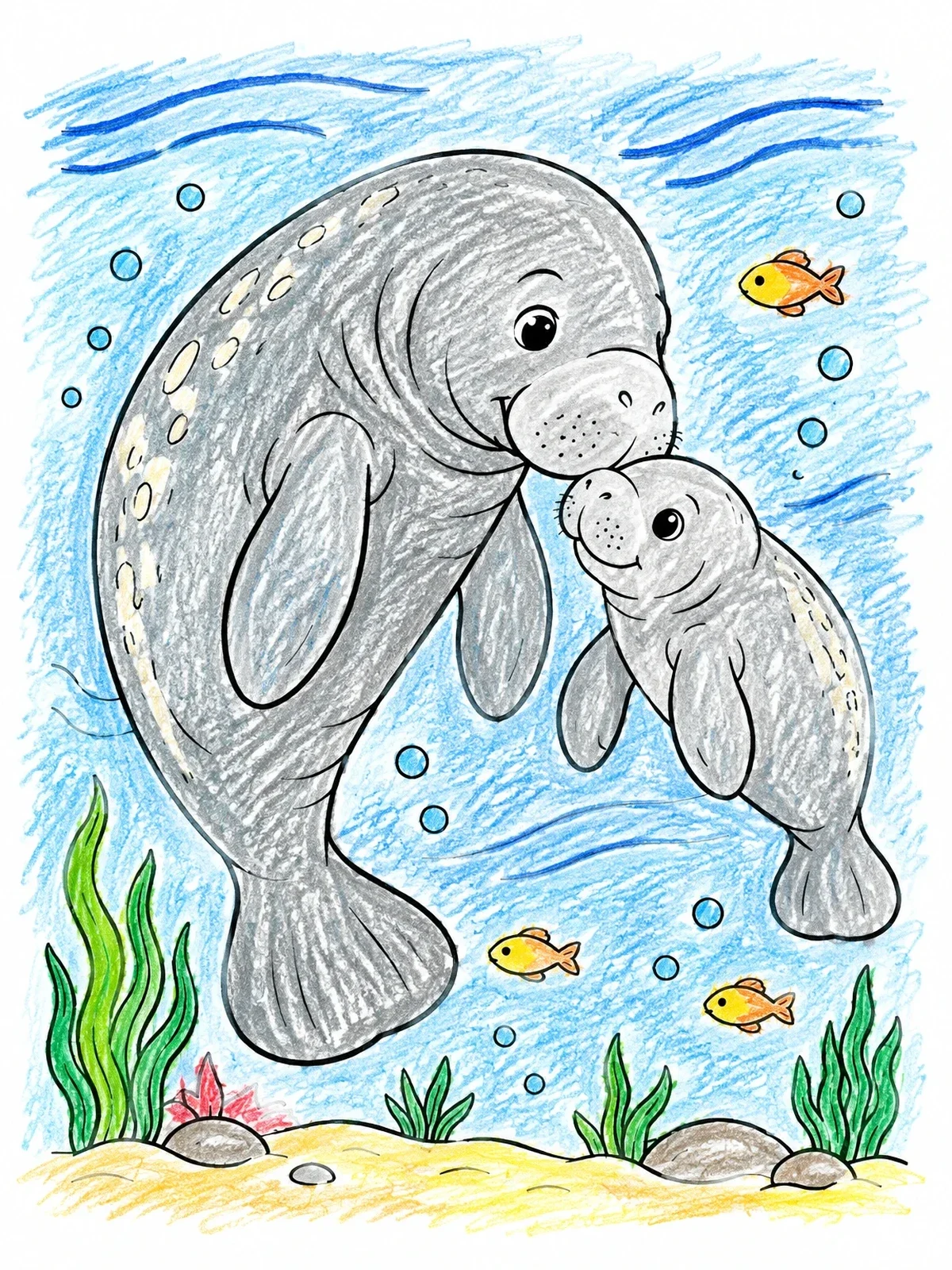 Colored example of the Mother Manatee And Calf Swimming coloring page