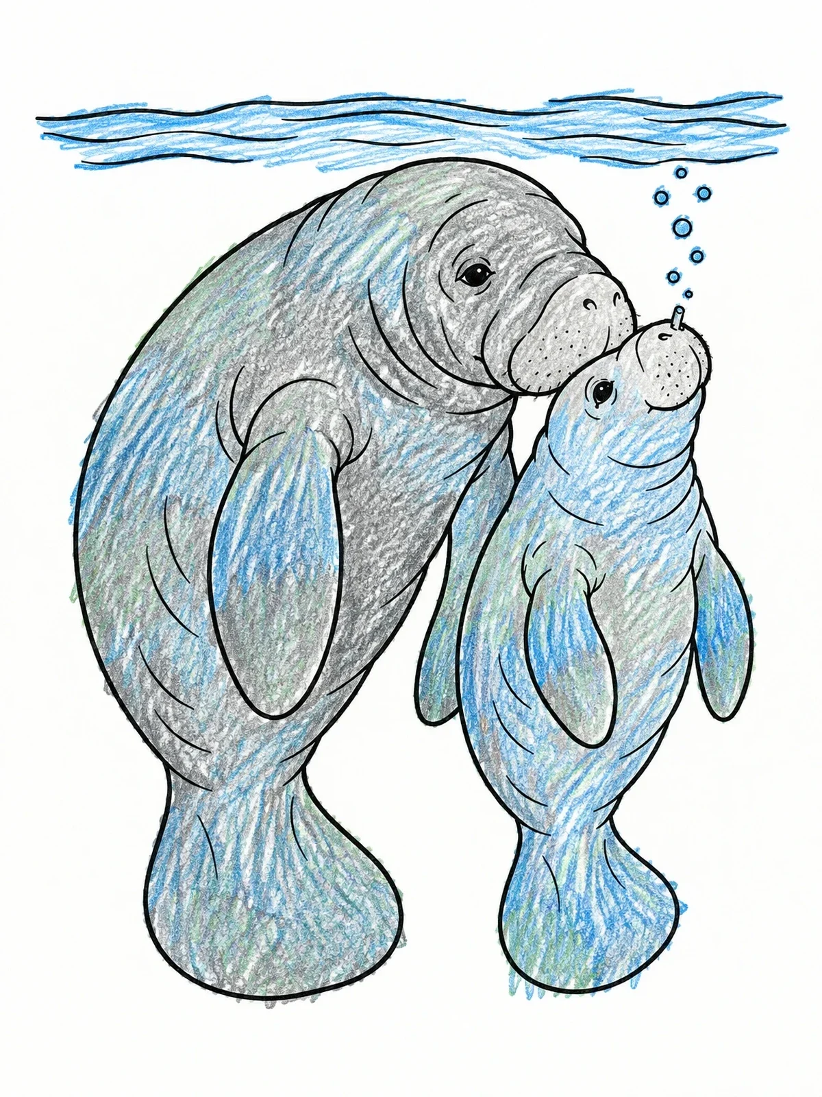 Colored example of the Mother Manatee And Calf Swimming coloring page