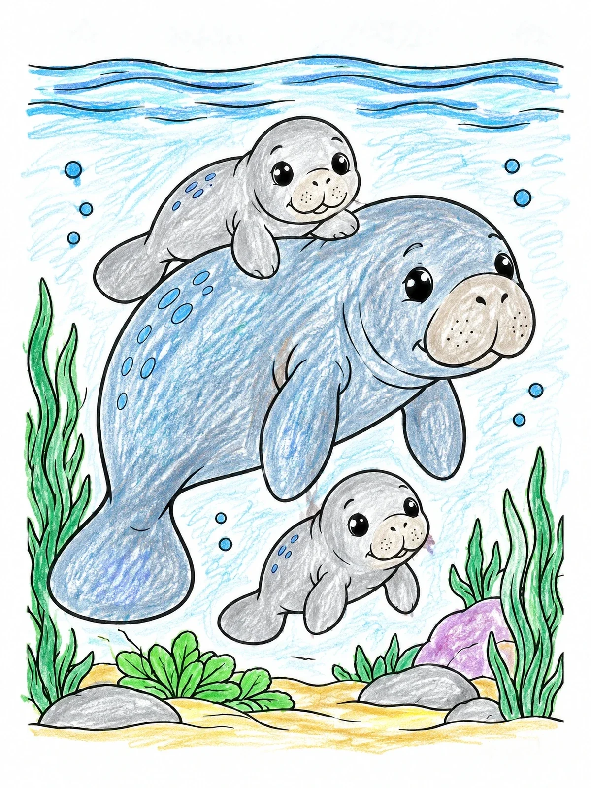 Colored example of the Mother Manatee Swimming With Calves coloring page