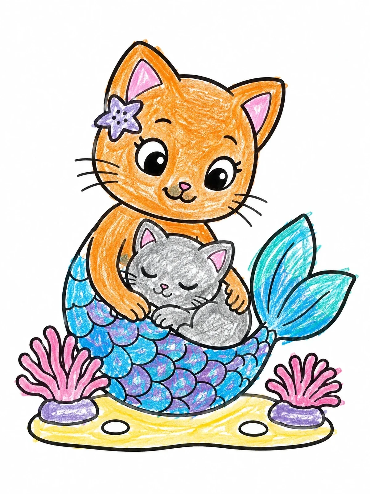 Colored example of the Mermaid Cat Cuddling Sleeping Kitten coloring page