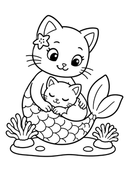 A sweet mermaid cat coloring page showing a mother holding her sleeping kitten on the seabed.
