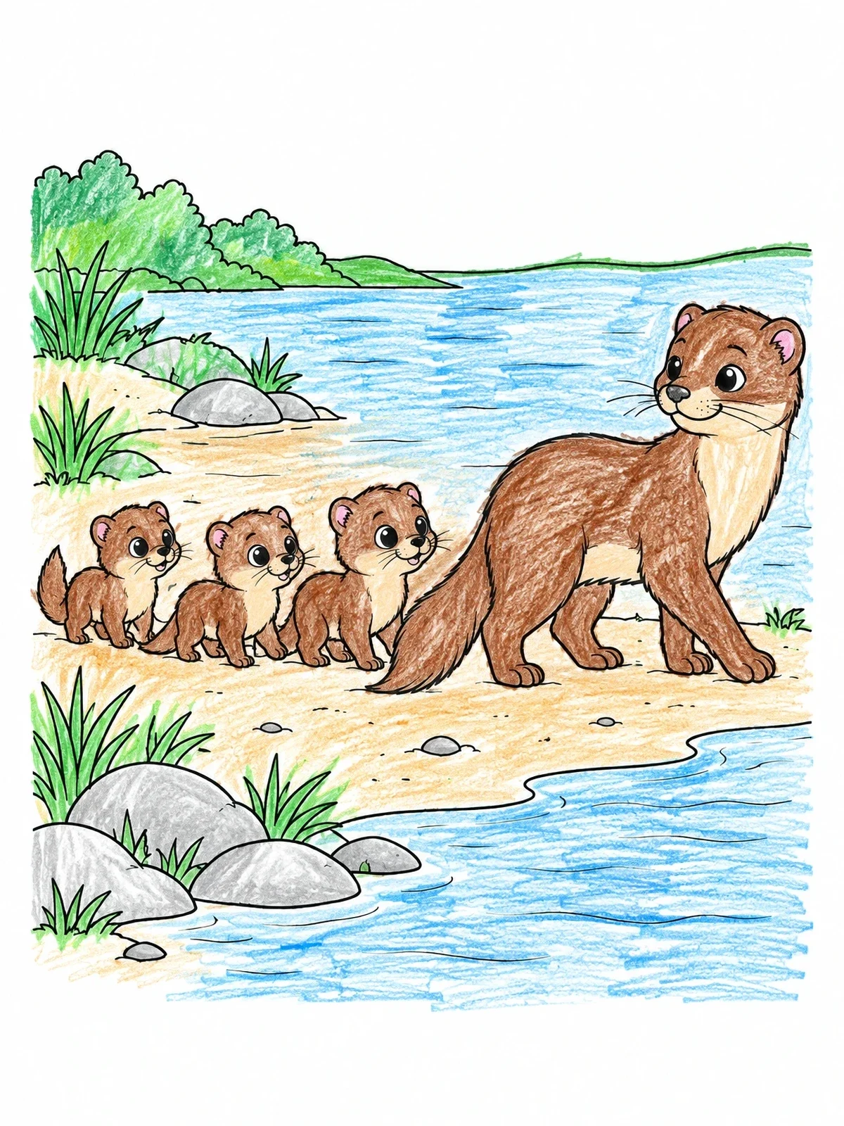 Colored example of the Mother Mink And Kits By The Shore coloring page