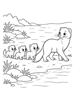 Free printable Mother Mink And Kits By The Shore coloring page