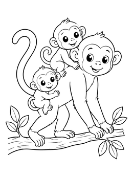 A sweet monkey coloring page of a mother carrying two cheerful babies along a tree branch.