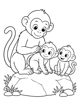 A sweet monkey coloring page showing a mother monkey grooming her baby on a rock.