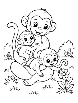 A cheerful monkey coloring page featuring a mother holding two baby monkeys near a blooming flower.