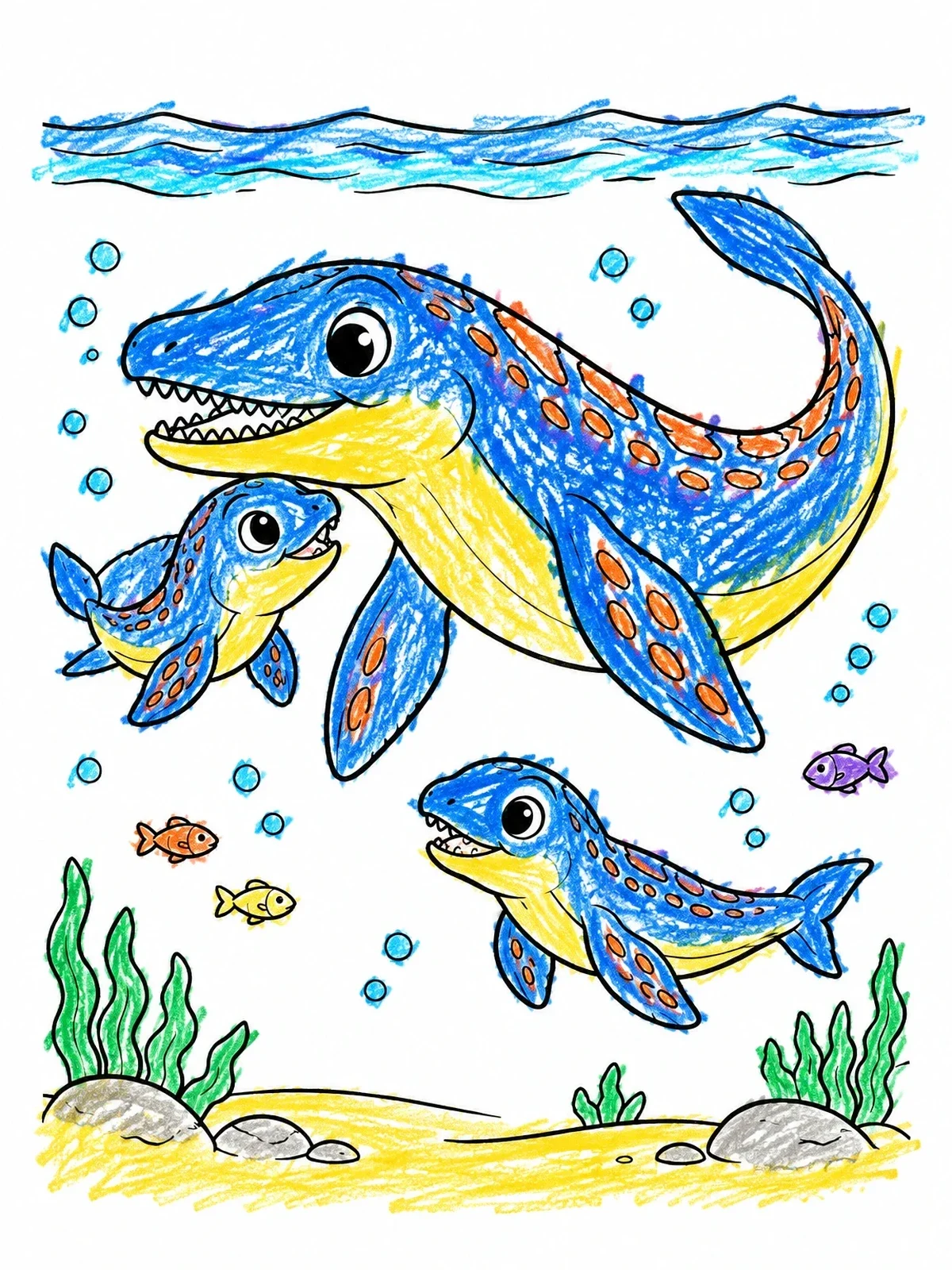 Colored example of the Mother Mosasaurus Swimming With Babies coloring page