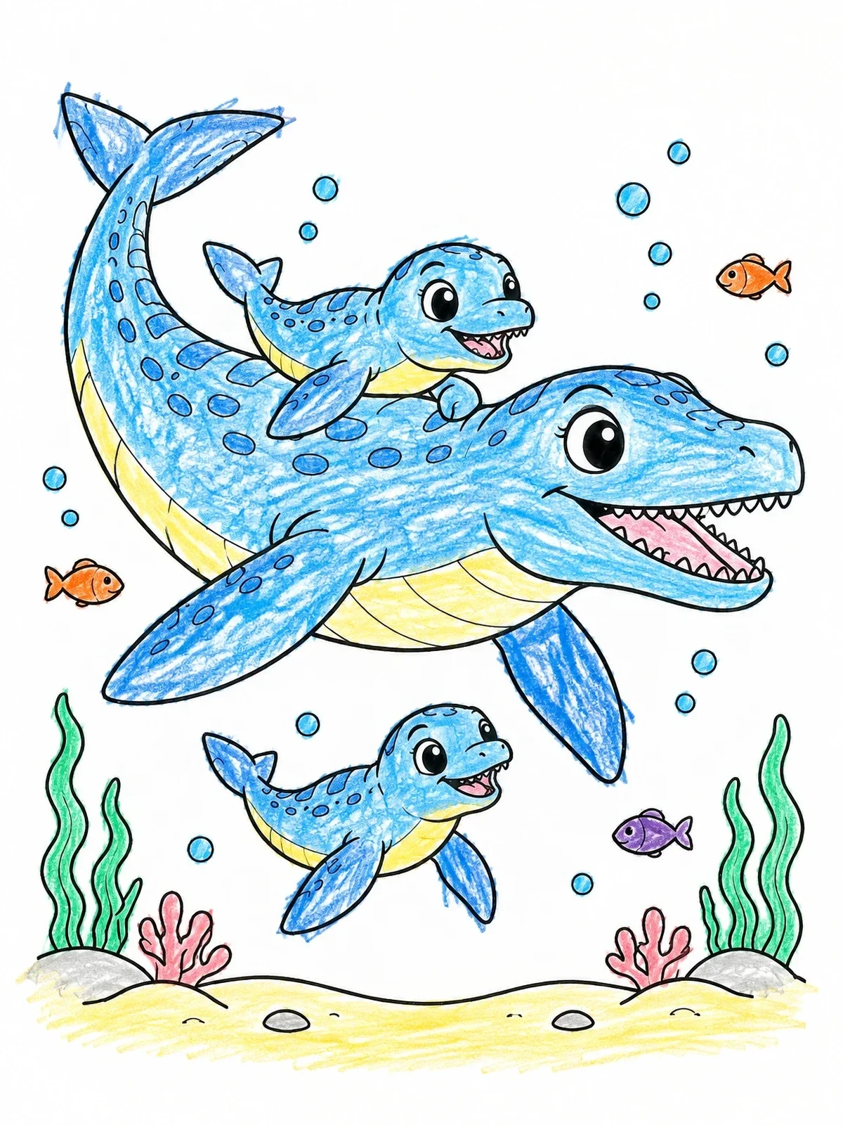 Colored example of the Mother Mosasaurus Swimming With Babies coloring page