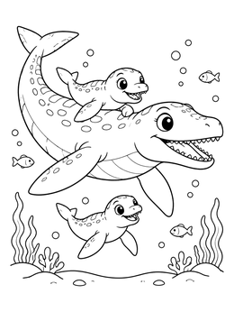 Free printable Mother Mosasaurus Swimming With Babies coloring page