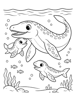 Free printable Mother Mosasaurus Swimming With Babies coloring page
