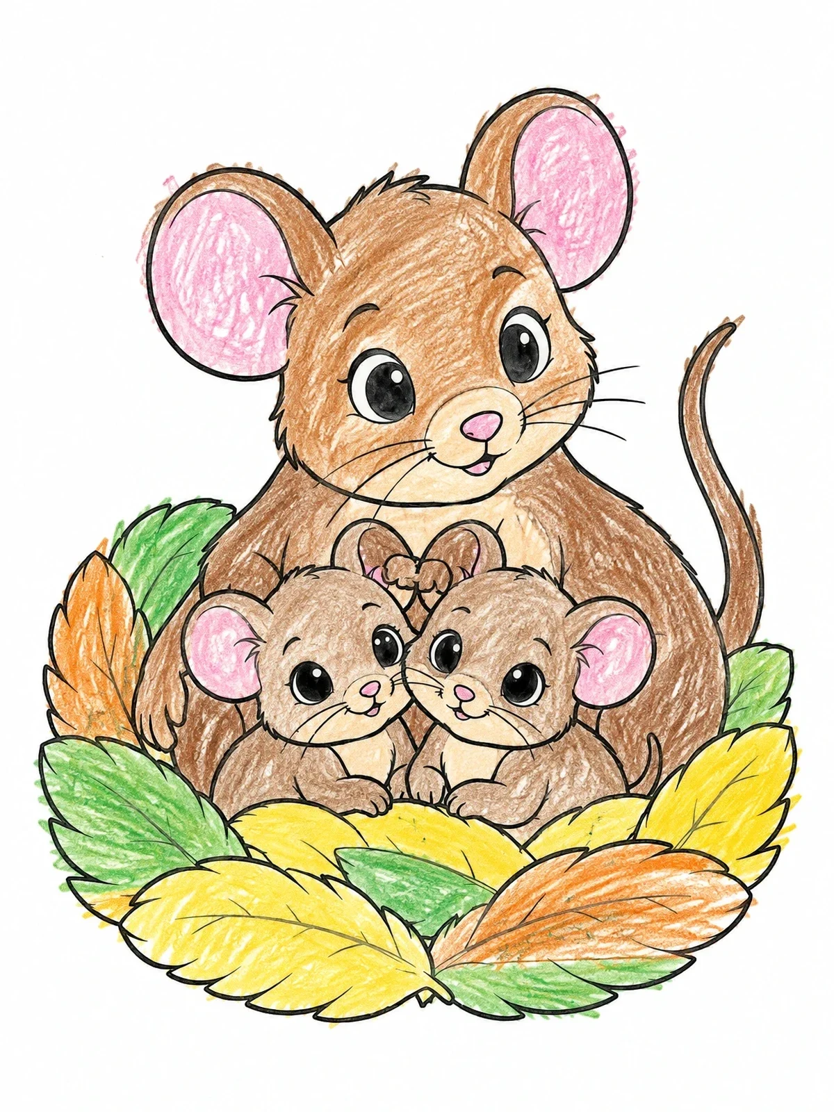 Colored example of the Mother Mouse And Babies In Nest coloring page