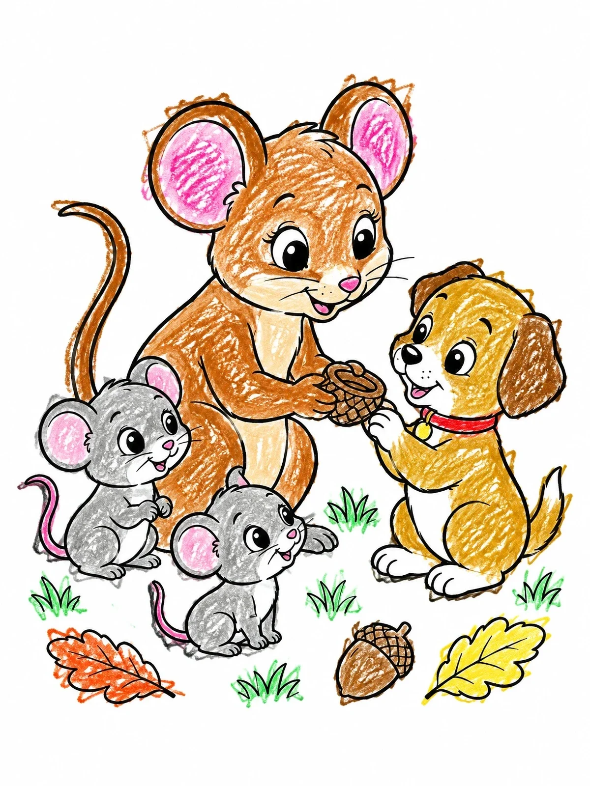 Colored example of the Mother Mouse Sharing With Forest Friends coloring page