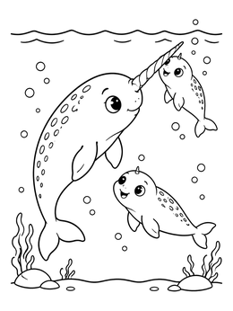 A mother swims with two babies in this narwhal coloring page.