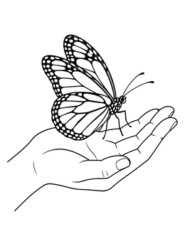 A gentle monarch butterfly rests on an open palm in this mother nature coloring page.