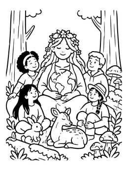 Free printable Mother Nature With Children And Animals coloring page
