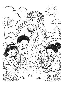 Free printable Mother Nature And Children Planting Trees coloring page