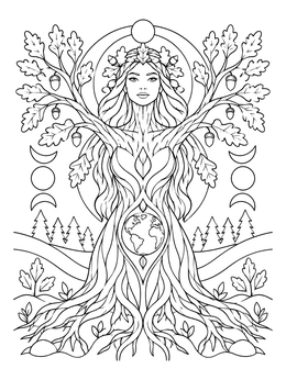 Serene mother nature coloring page featuring an oak tree goddess cradling the earth.