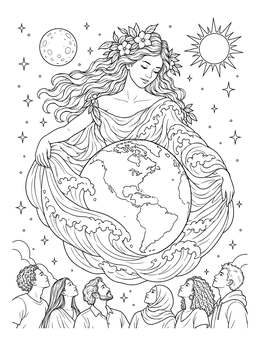 Celestial mother nature coloring page showing a goddess embracing planet Earth surrounded by stars and people.