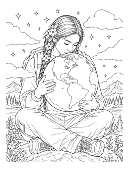 A serene young woman hugs the world in this mother nature coloring page.