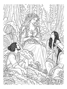 A serene mother nature coloring page showing a goddess holding a sapling surrounded by people in an ancient forest.