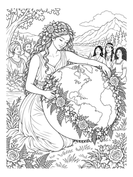 Mother Nature coloring page with an earth goddess cradling a flower-wrapped globe among people.