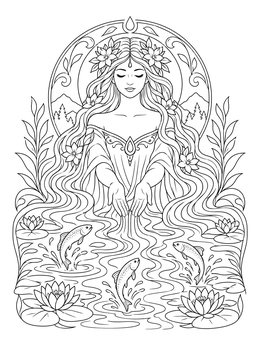 A serene mother nature coloring page with flowing river hair, leaping fish, and water lilies.