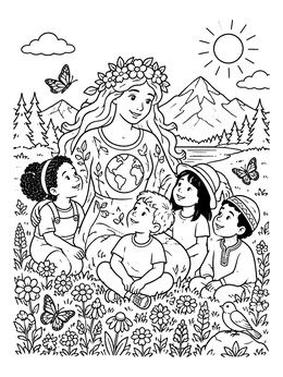 Free printable Mother Nature Surrounded By Happy Children coloring page