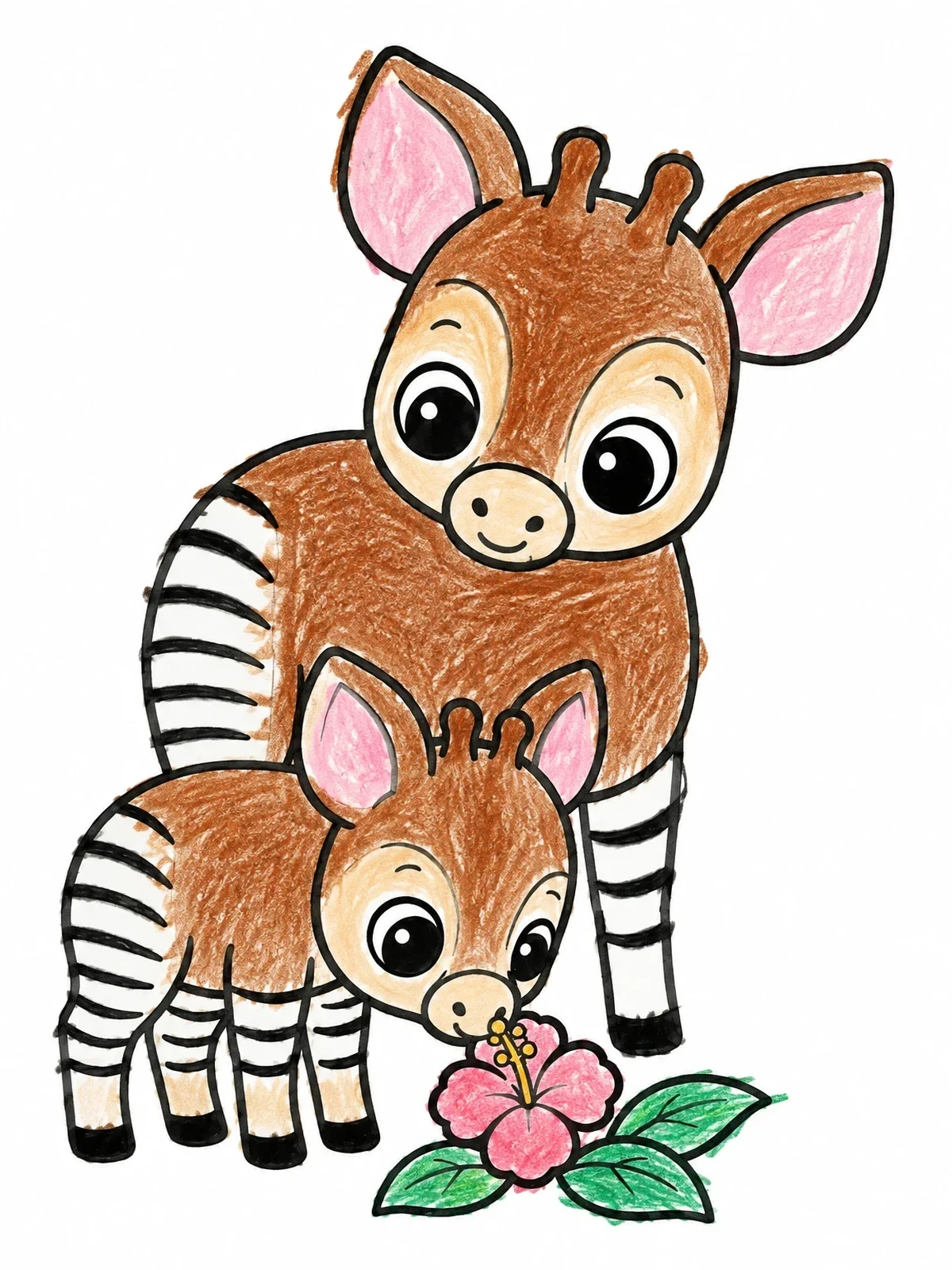 Colored example of the Mother Okapi With Cute Baby Calf coloring page