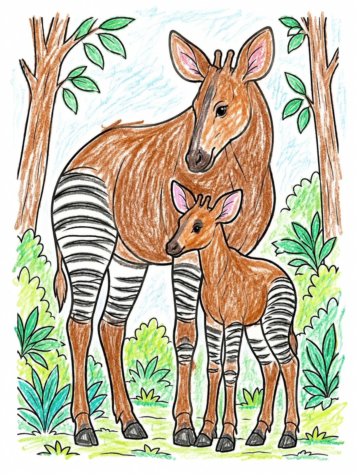 Colored example of the Mother Okapi With Calf In Forest coloring page