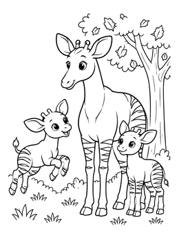 Free printable Mother Okapi With Playful Calves coloring page
