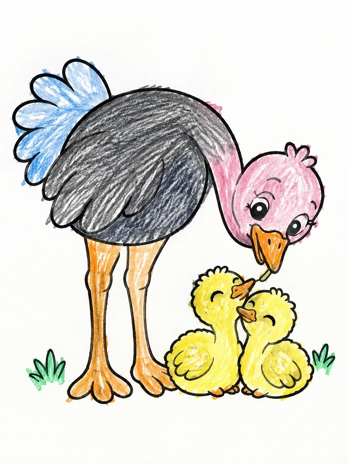 Colored example of the Mother Ostrich With Fluffy Chicks coloring page