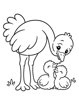 A sweet mother bird tending to two chicks on this ostrich coloring page.