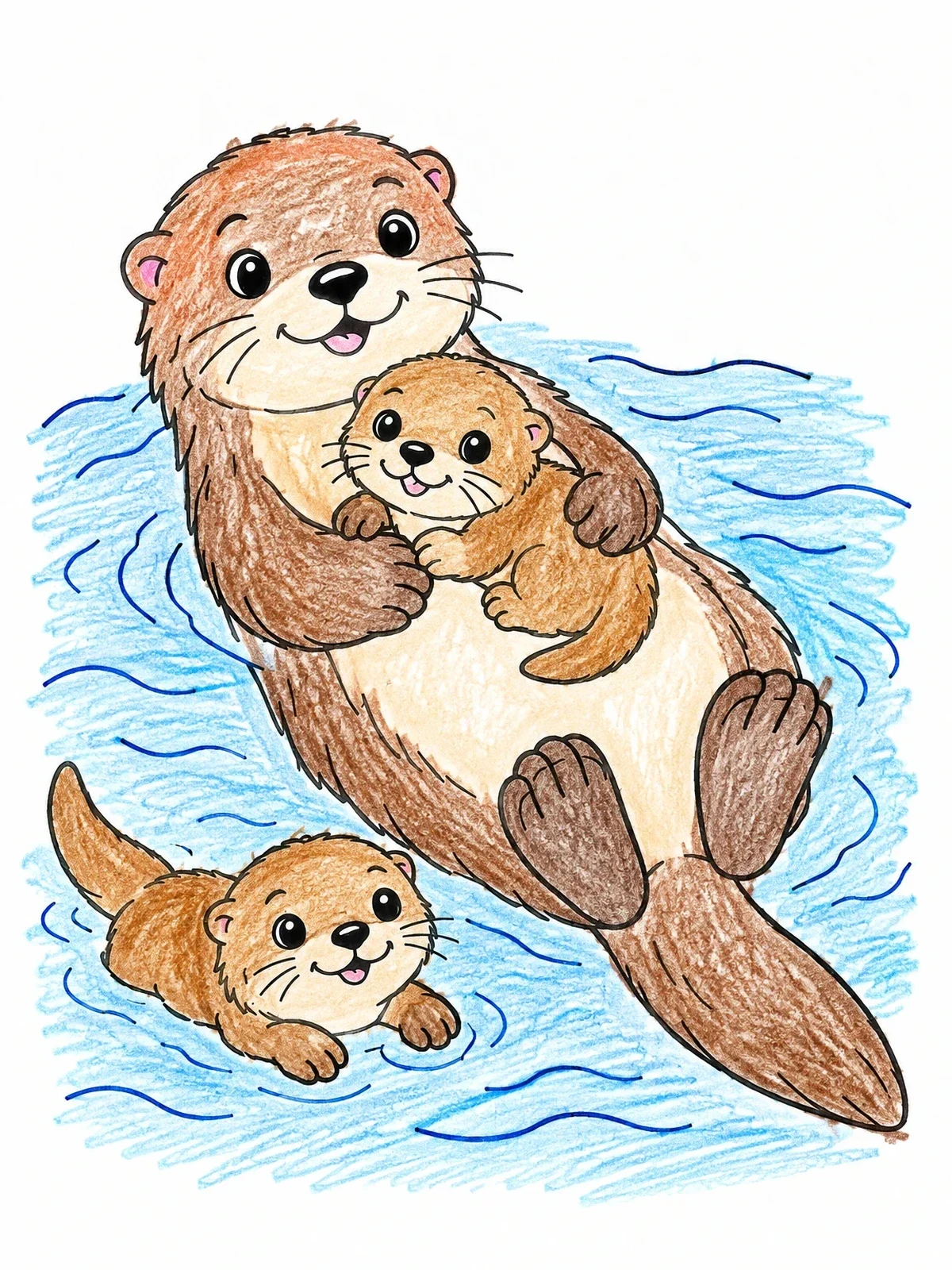 Colored example of the Mother Otter Floating With Pups coloring page