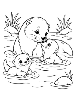 Free printable Mother Otter Swimming With Pups coloring page