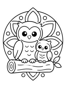 A cute owl coloring page showing a mother owl and baby perched together on a log.