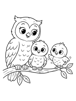 A sweet owl coloring page featuring a mother owl watching her two baby owlets on a branch.