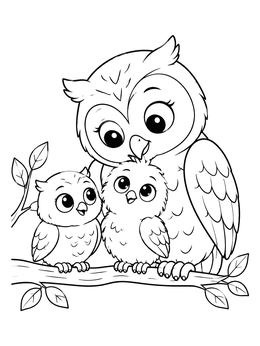 A sweet mother owl sits with her two baby chicks on a tree branch in this owl coloring page.