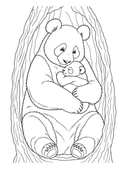 A peaceful panda coloring page showing a mother panda holding her sleeping cub inside a hollow tree.