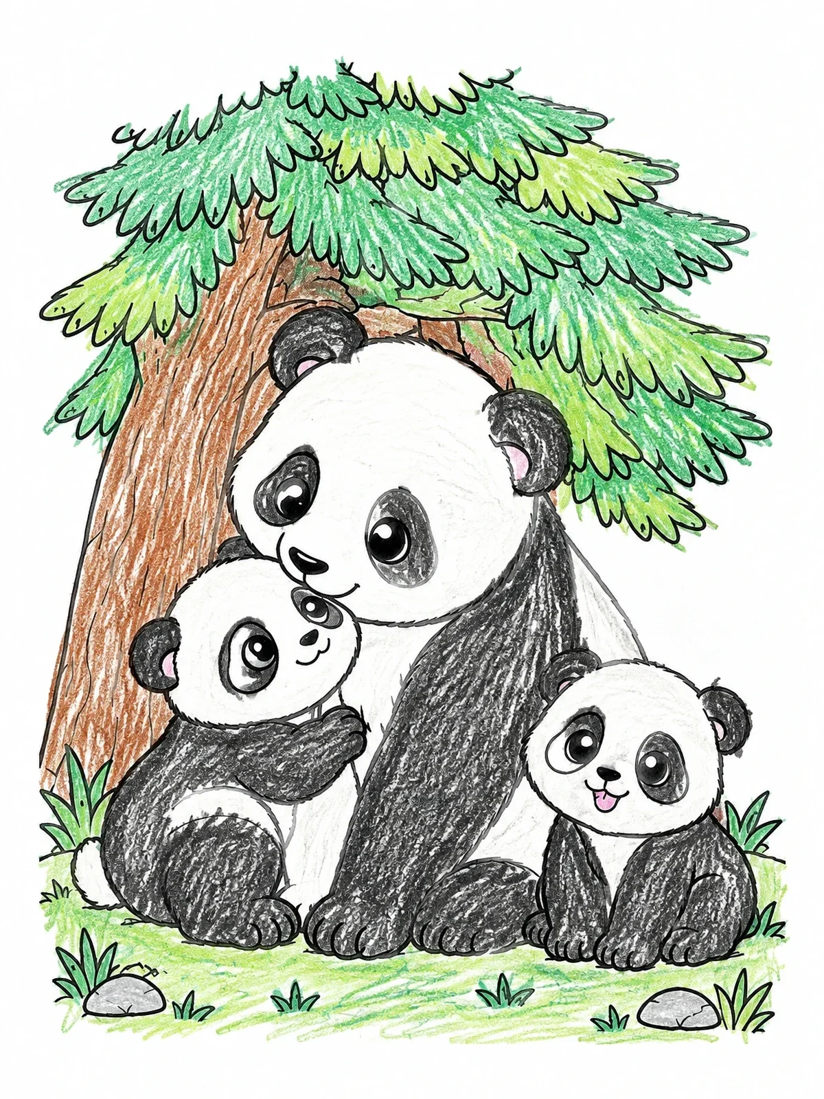 Colored example of the Mother Panda Resting With Cute Cubs coloring page