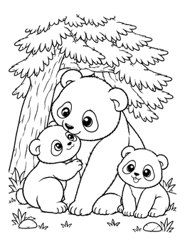 A mother panda cuddles her baby cubs near a tree in this charming panda coloring page.