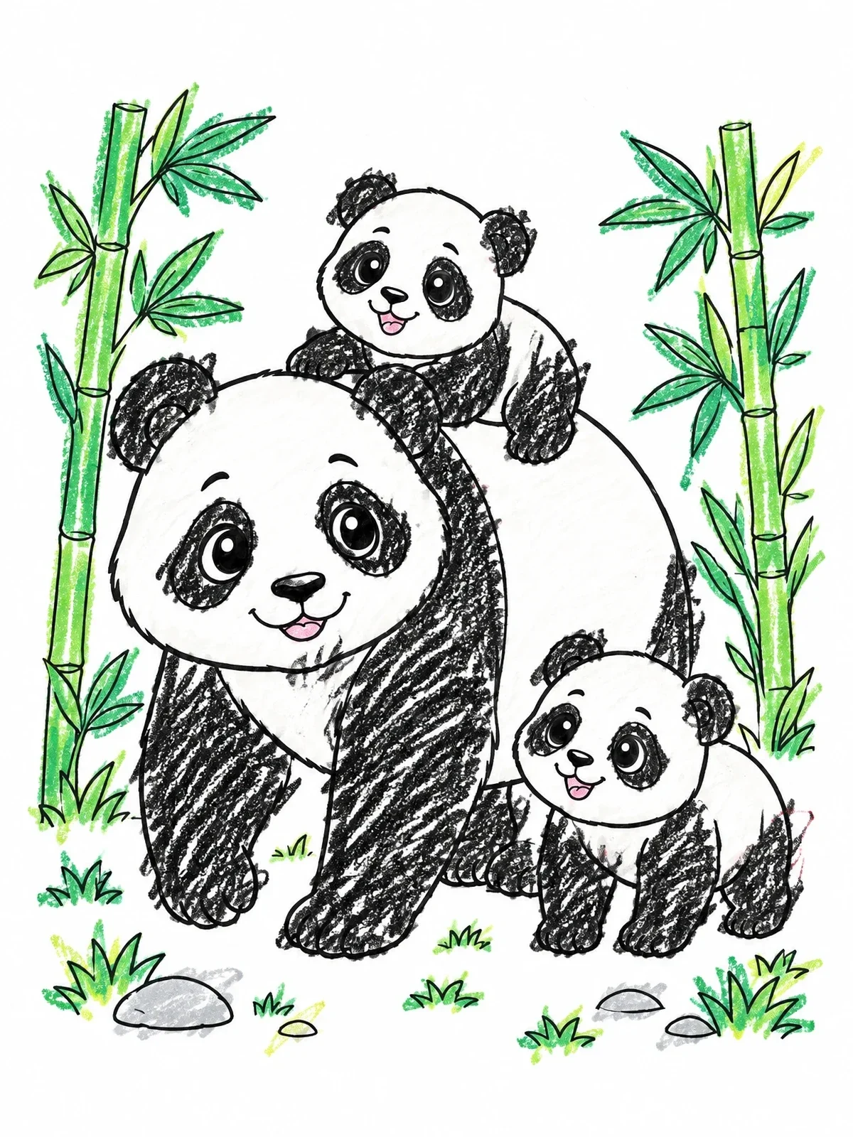 Colored example of the Mother Panda With Playful Cubs coloring page