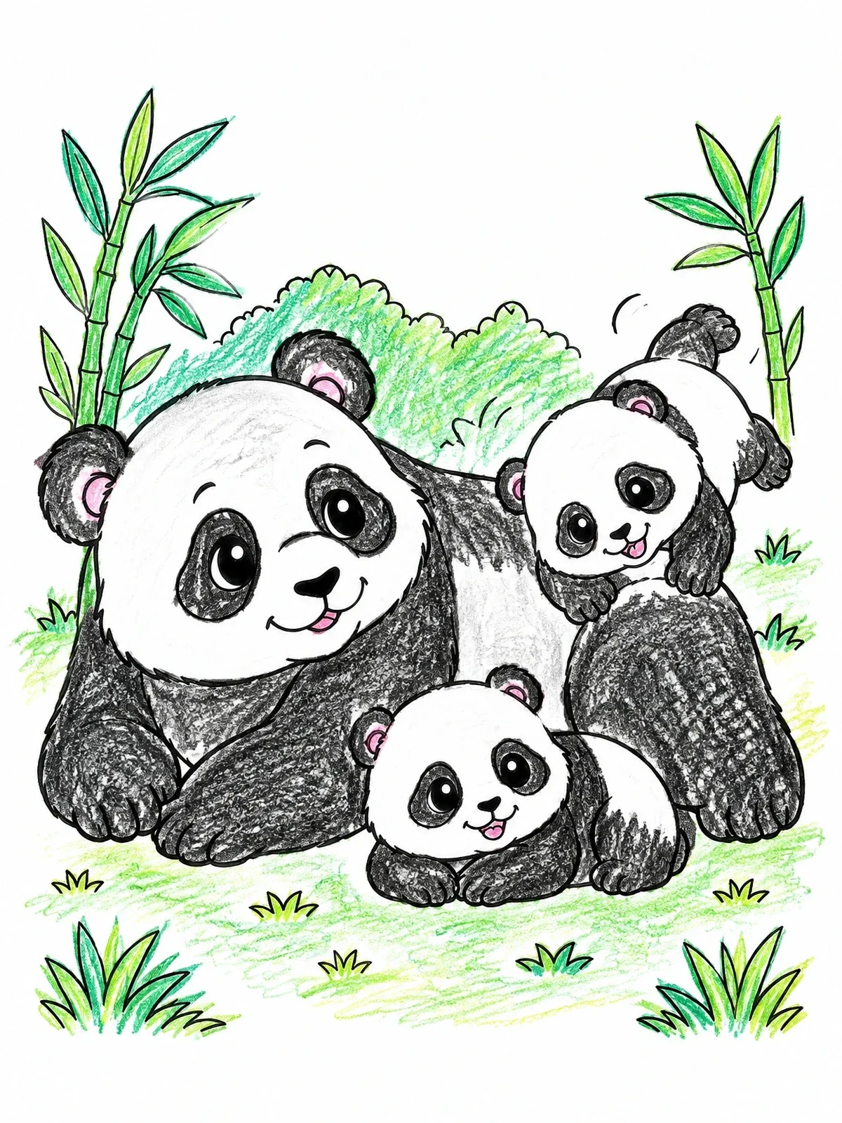 Colored example of the Mother Panda With Playful Cubs coloring page