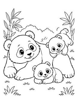 A mother panda rests with her two cute cubs in this panda coloring page.