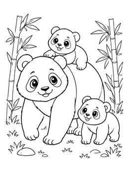 A mother bear and two cubs explore bamboo in this cute panda coloring page.