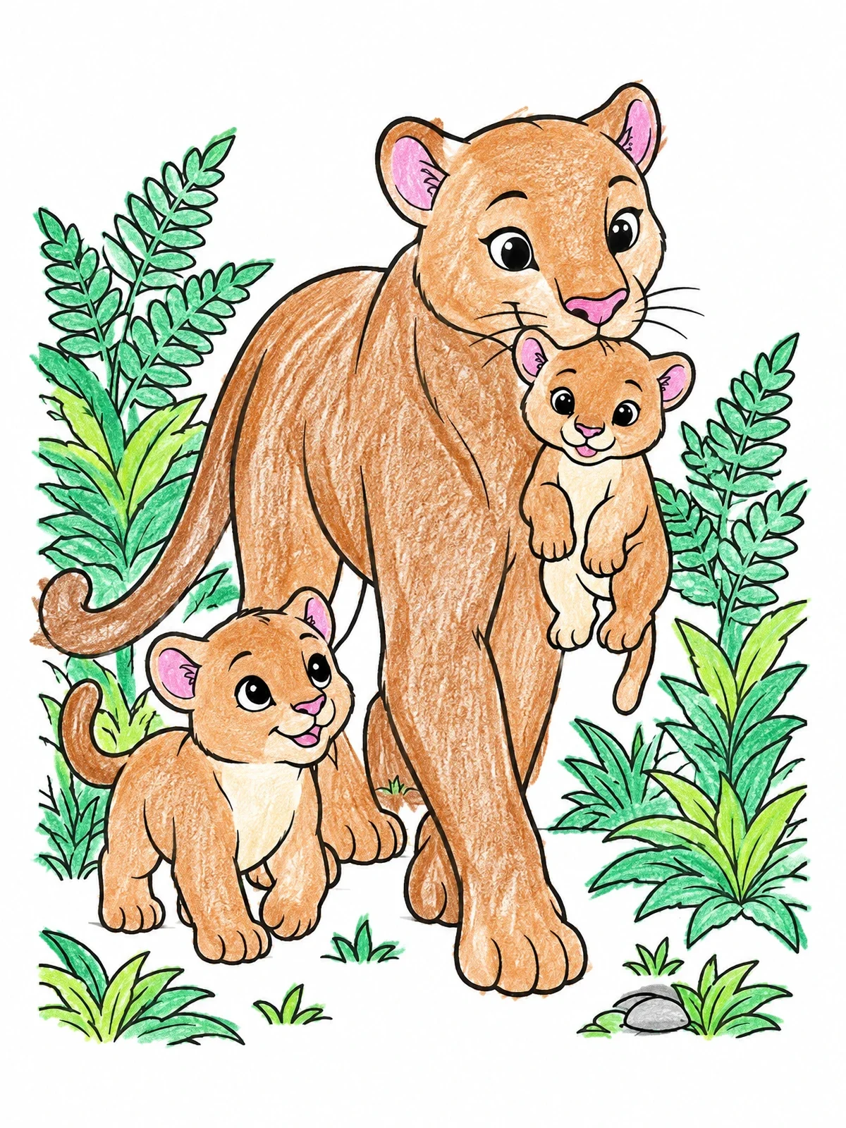 Colored example of the Mother Panther With Her Cubs coloring page