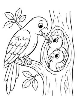 A parrot coloring page showing a mother bird feeding two chicks inside a hollow tree trunk.