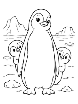 Mother penguin with two cute chicks peeking out on this sweet penguin coloring page.
