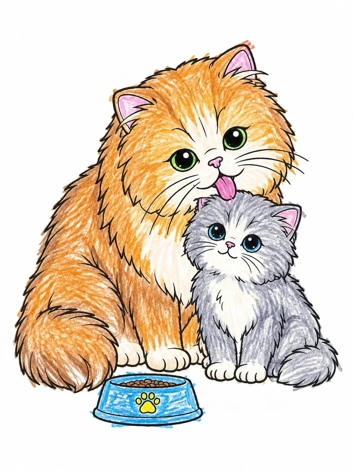 Colored example of the Mother Persian Cat And Kitten coloring page